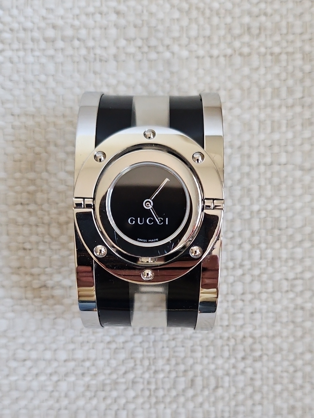 Womens Gucci Black and Silver Wide Cuff Bracelet Watch